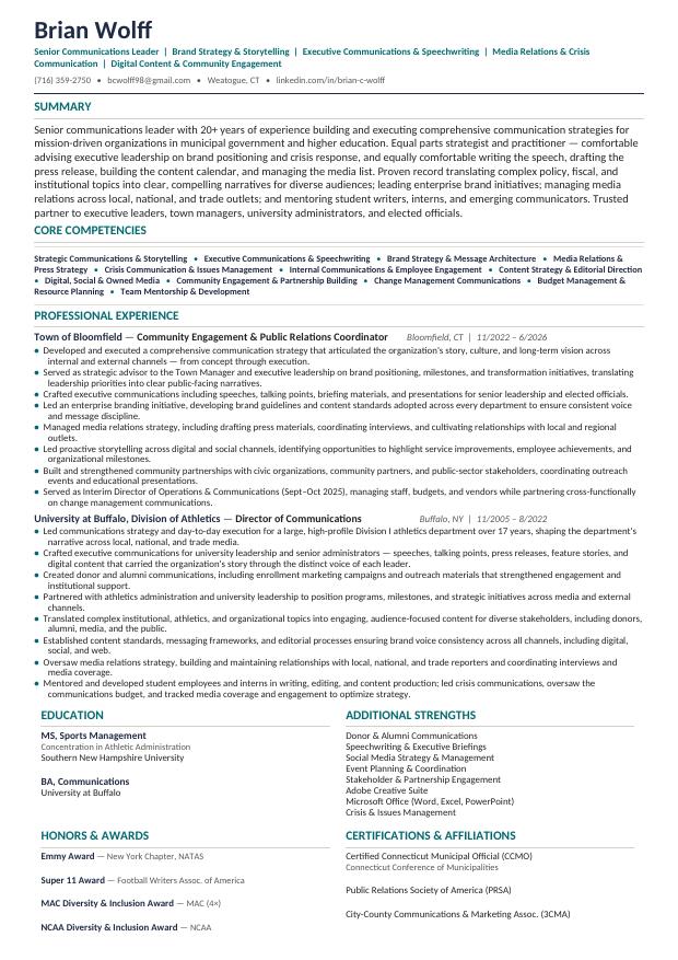 First page of Brian Wolff's résumé
